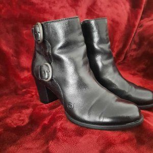 Born Ondine Women Size 7 Boot Ankle Black Leather Double Monk Strap Block Heel